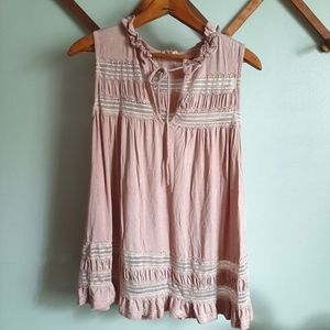 POL Vintage Blush washed Sleeveless Tunic w/ Tie and Lace Detail